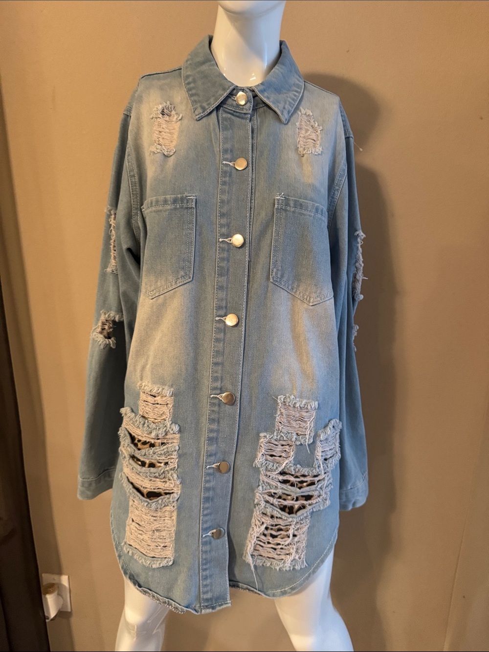 Lucky & Blessed Patchwork Light Blue Distressed Denim Jacket, Sz XL